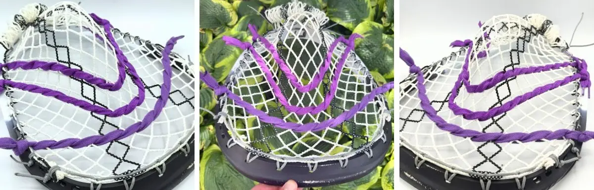 stx eclipse iii goalie head with ecd impact mesh, custom-strung with grey stringers shack top and bottom strings, grey laxroom sidewalls, and purple shooters