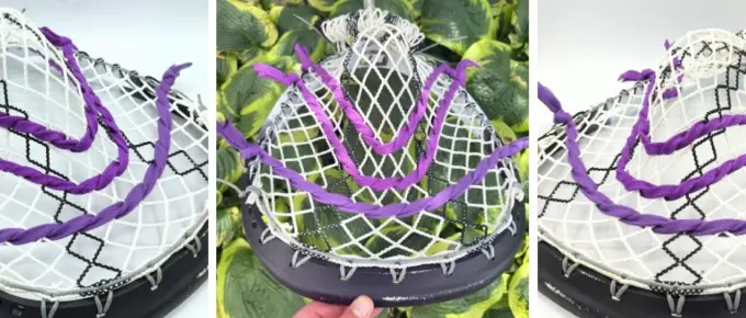 stx eclipse iii goalie head with ecd impact mesh, custom-strung with grey stringers shack top and bottom strings, grey laxroom sidewalls, and purple shooters
