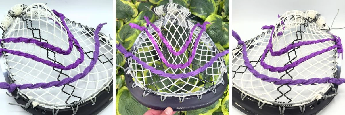 stx eclipse iii goalie head with ecd impact mesh, custom-strung with grey stringers shack top and bottom strings, grey laxroom sidewalls, and purple shooters
