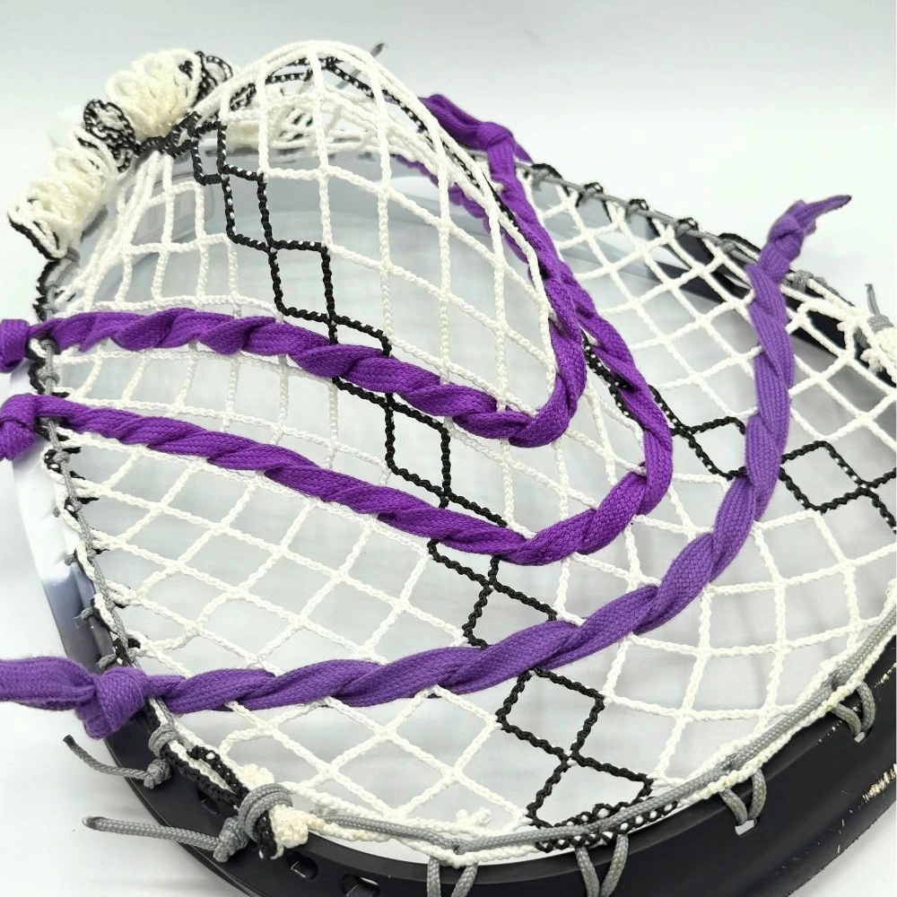 stx eclipse iii goalie head with ecd impact mesh, custom-strung with grey stringers shack top and bottom strings, grey laxroom sidewalls, and purple shooters