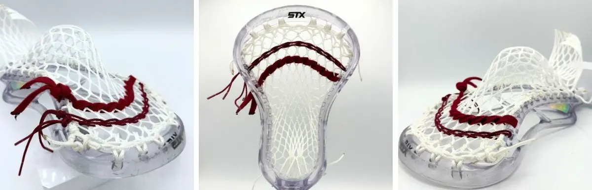 clear stx stallion prism lacrosse head with white sidewalls, white g3 ultralight mesh, and maroon shooting strings from laxroom