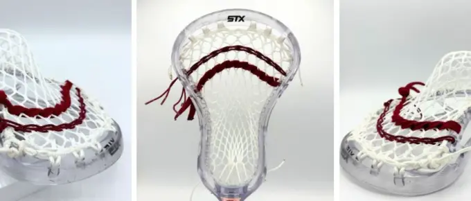 clear stx stallion prism lacrosse head with white sidewalls, white g3 ultralight mesh, and maroon shooting strings from laxroom