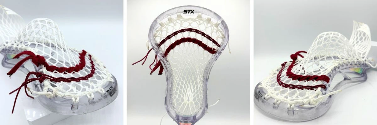 clear stx stallion prism lacrosse head with white sidewalls, white g3 ultralight mesh, and maroon shooting strings from laxroom