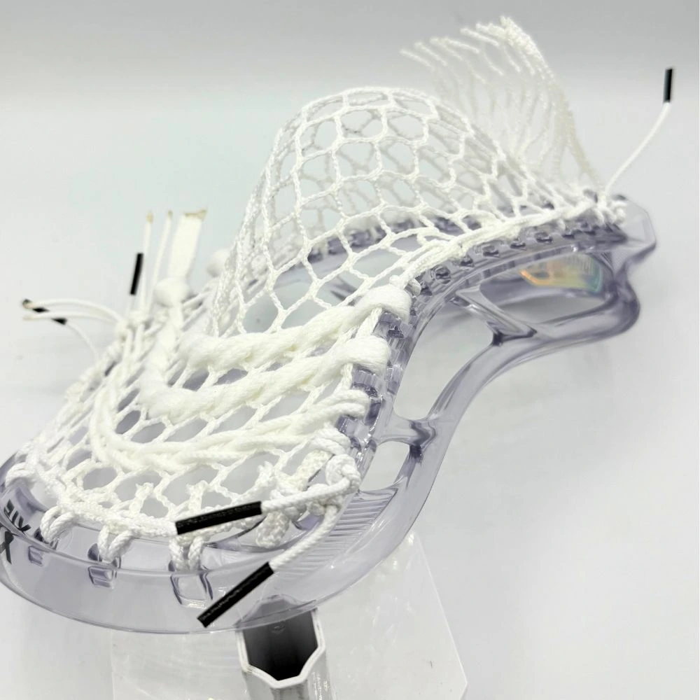 clear stx stallion prism lacrosse head strung with all white hero 4.0 semi-soft mesh and white strings.