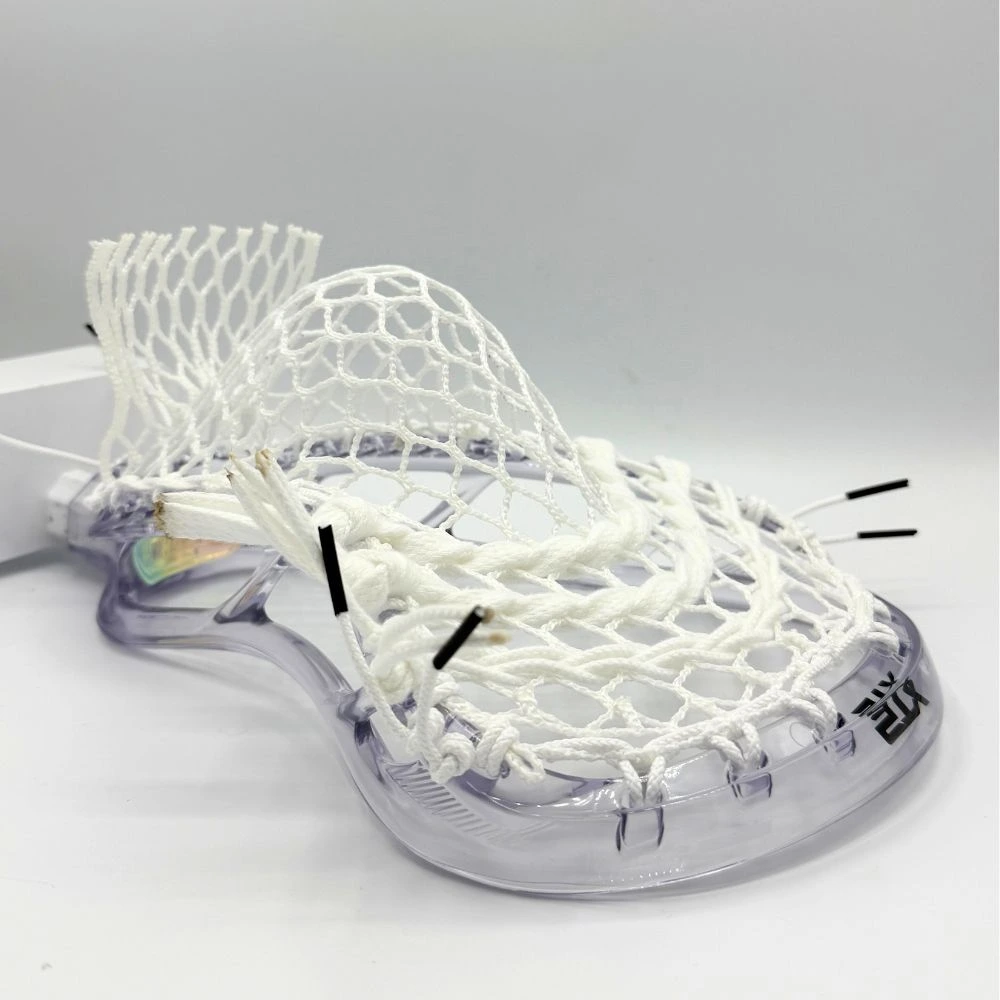 clear stx stallion prism lacrosse head strung with all white hero 4.0 semi-soft mesh and white strings.