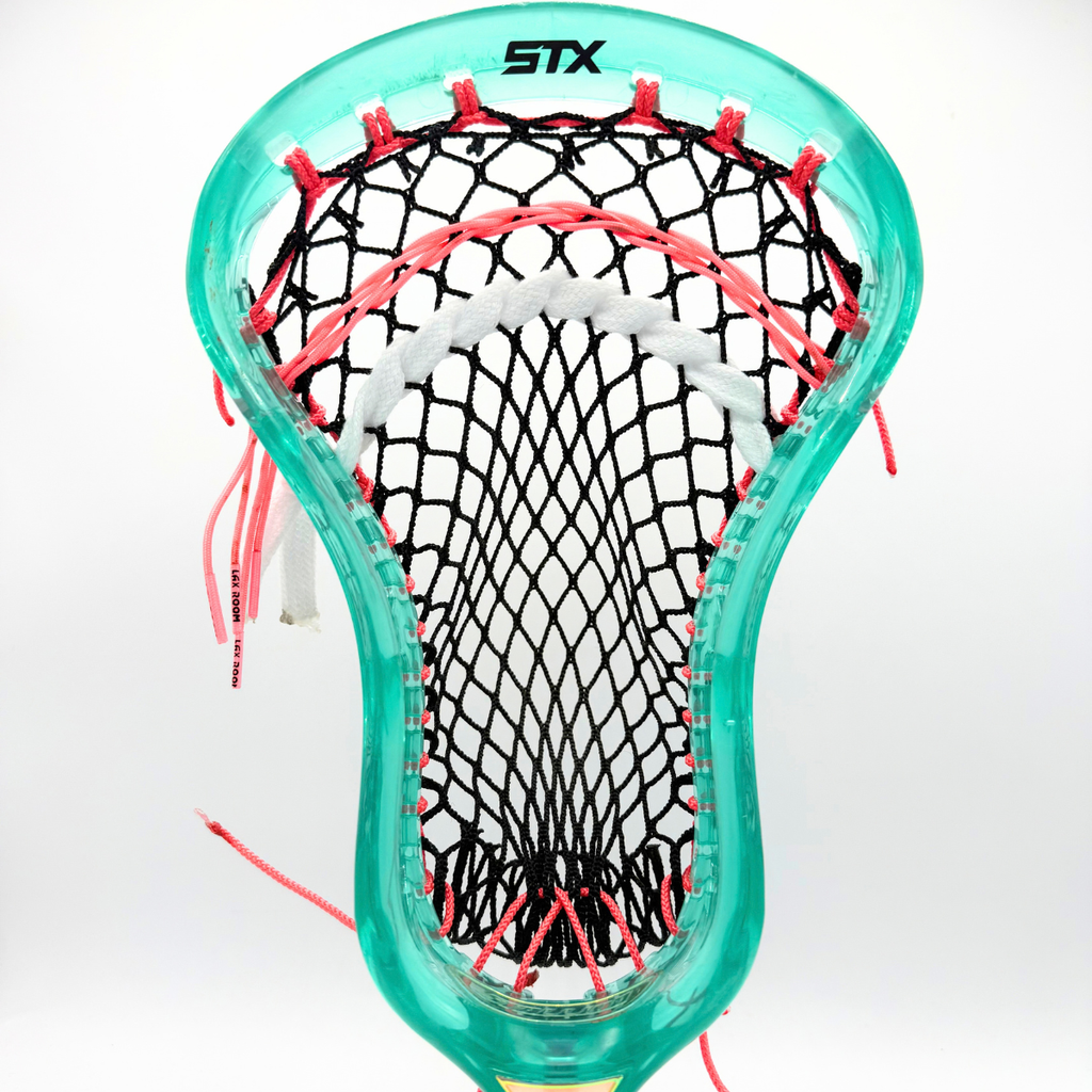 stx stallion prism lacrosse head in translucent teal, strung with black stringers shack g3 xl mesh and coral pink sidewalls