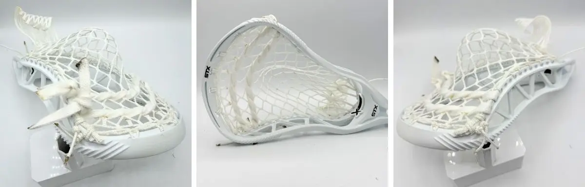 stx x20 white lacrosse head with white 8 diamond lacrosse mesh strung with a mid high stringing pattern