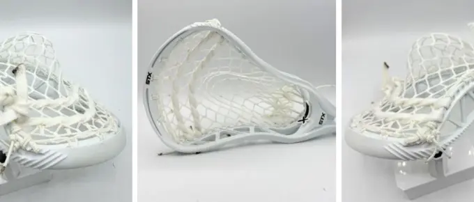 stx x20 white lacrosse head with white 8 diamond lacrosse mesh strung with a mid high stringing pattern