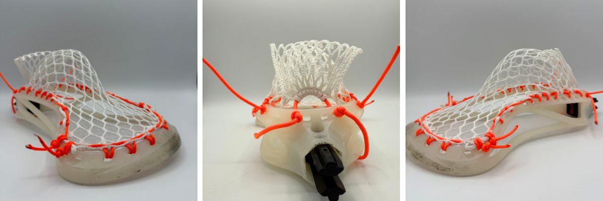 Lacrosse head with bright orange stringing