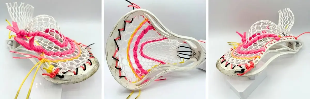 warrior evo 4x lacrosse head strung with hero 4.0 semi-soft mesh and liberty topstring featuring a mid pocket for control and release.