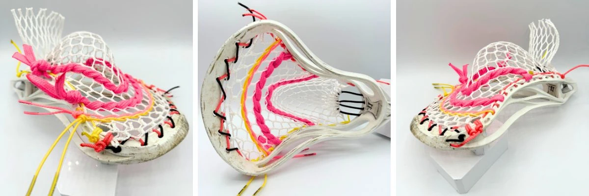 warrior evo 4x lacrosse head strung with hero 4.0 semi-soft mesh and liberty topstring featuring a mid pocket for control and release.