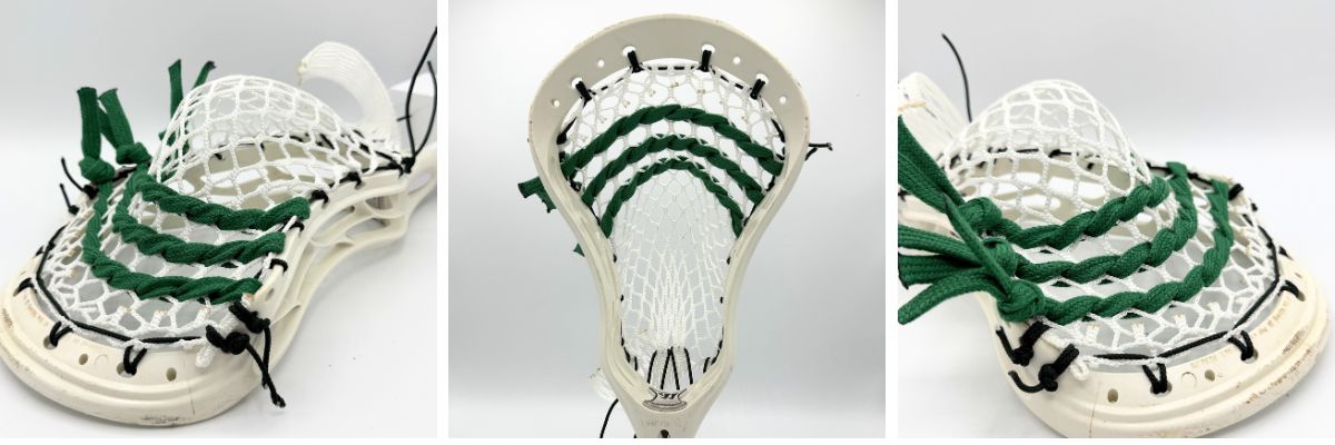 Lacrosse stick with green stringing pattern
